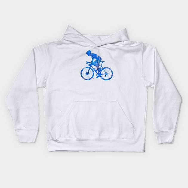 Road biker man watercolor blue Kids Hoodie by Yahya Art